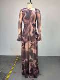 SC Print Long Sleeve Pleated Maxi Dress GCNE-72764