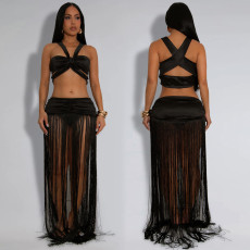 SC Sexy Sleeveless Wrap Chest Tassel Long Skirts Suit BY-7438