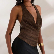 SC Deep V Neck Solid Color Backless Tops GNZD-51646TBD