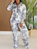 SC Print Long Sleeve Shirt Two Piece Pant Set AIL-329