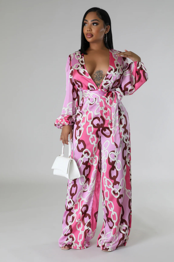 SC Print Deep V Neck Two Piece Pants Set XHXF-8727