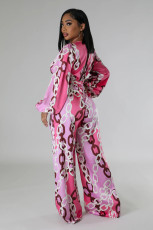 SC Print Deep V Neck Two Piece Pants Set XHXF-8727