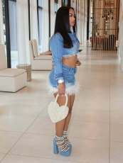 SC Long Sleeve Feather Patchwork Denim Skirt Suit MEM-MZ88658