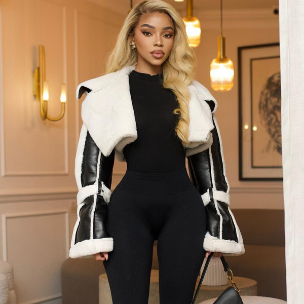 SC Leather Patchwork Long Sleeve Coats GZJQ-K24C75271