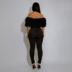 SC One Shoulder Fur Patchwork Jumpsuit CYA-901986