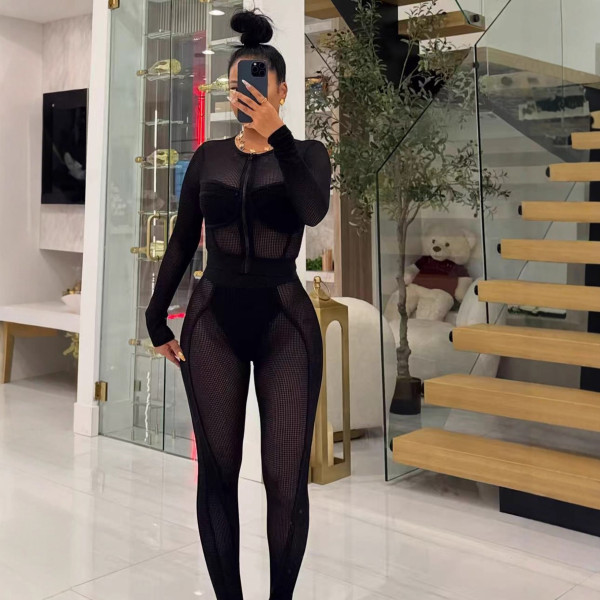 SC Casual Mesh Zipper Two Piece Pants Set SH-391418