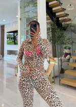 SC Letter Leopard Print Long Sleeve Pants Suit YD-8826