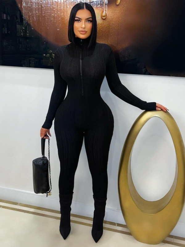 SC Solid Color Long Sleeve Zipper Sport Jumpsuit SFY-774