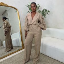SC Plus Size Lapel Solid Color Pleated Two Piece Pants Set NY-11101