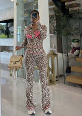 SC Letter Leopard Print Long Sleeve Pants Suit YD-8826