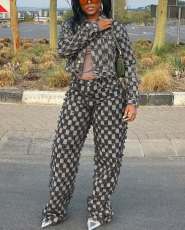 SC Casual Plaid Print Long Sleeve Pans Denim Suit TR-1339