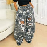 SC Plus Size Washed Camouflage Star Print Ripped Jeans GYLN-8407