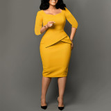 SC Solid Color 3/4 Sleeve Midi Dress GATE-591