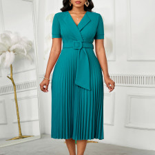 SC Plus Size Solid Color Short Sleeve Pleated Midi Dress GATE-593