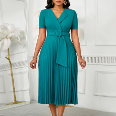SC Plus Size Solid Color Short Sleeve Pleated Midi Dress GATE-593