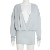 SC Solid Color Loose Deep V Neck Mini Dress GSZM-D25DS345