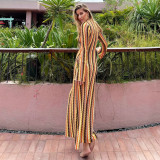 SC V Neck Long Sleeve Stripe Maxi Dress GNZD-32544DBY