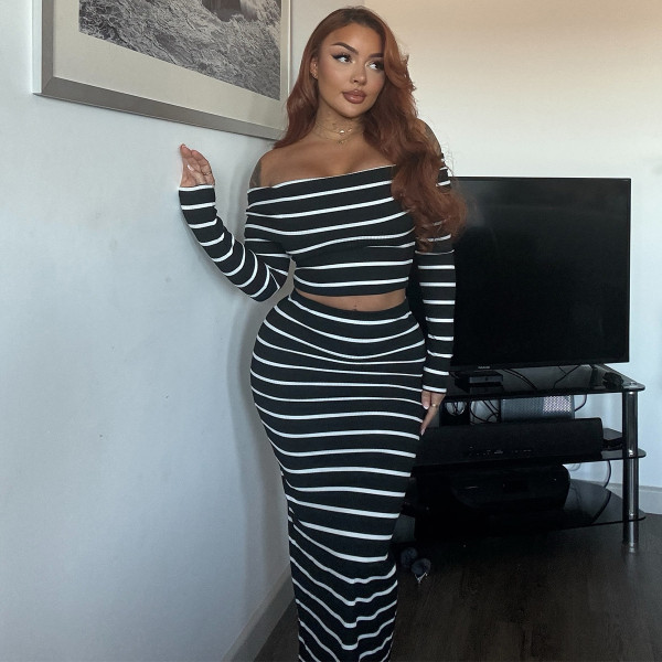 SC Stripe One Shoulder Long Sleeve Skirt Suit GNZD-41962SBG