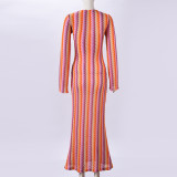 SC V Neck Long Sleeve Stripe Maxi Dress GNZD-32544DBY