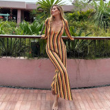 SC V Neck Long Sleeve Stripe Maxi Dress GNZD-32544DBY