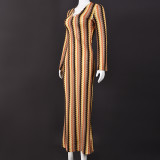 SC V Neck Long Sleeve Stripe Maxi Dress GNZD-32544DBY