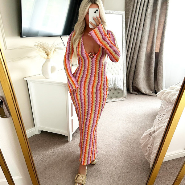 SC V Neck Long Sleeve Stripe Maxi Dress GNZD-32544DBY