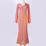 SC V Neck Long Sleeve Stripe Maxi Dress GNZD-32544DBY