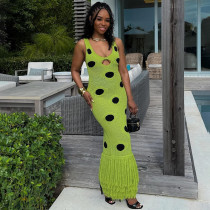 SC Black Polka-dot Sleeveless Tassel Long Dress GSLF-W25D78177