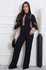 SC Mesh Patchwork Tie Up Wide Leg Jumpsuit OSM-4490