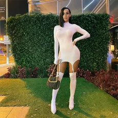 SC Long Sleeve Solid Color Mini Dress+Stockings 2 Piece Set GWTC-W0316
