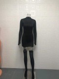 SC Long Sleeve Solid Color Mini Dress+Stockings 2 Piece Set GWTC-W0316