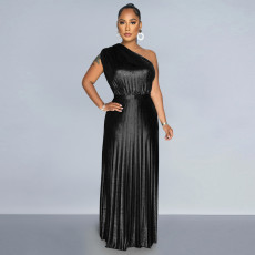 SC Hot Stamping Slash Shoulder Sleeveless Maxi Dress BY-7506
