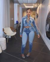 SC Contrast Color Long Sleeve Denim Two Piece Pants Set NYF-8196