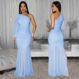 SC Single Shoulder Long Sleeve Mesh Maxi Dress BY-7500