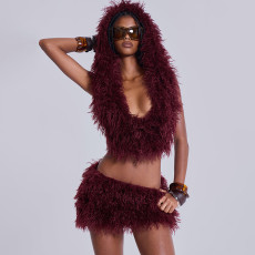SC Deep V-neck Hooded Strapless Skirt Fur Set MXBF-J25ST219