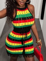 SC Stripe Contrast Color Hollow Out Mini Dress YWXS-K25L1037