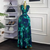 SC Print V Neck Drawstring Maxi Dress GMSF-9247