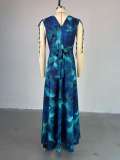 SC Print V Neck Drawstring Maxi Dress GMSF-9247