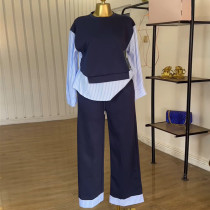 SC Patchwork Stripe Tops Two Piec Pants Set GCNE-72425