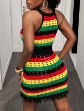 SC Stripe Contrast Color Hollow Out Mini Dress YWXS-K25L1037