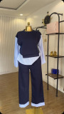SC Patchwork Stripe Tops Two Piece Pants Set GCNE-72425