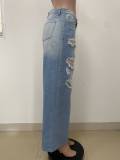 SC Hollow Out Nail Buckle Straight Jeans LSD-2542