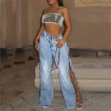 SC Split Metal Chain Diamond Straight Jeans LSD-2522