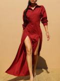 SC V Neck Solid Color Split Shirt Dress GFDY-1359