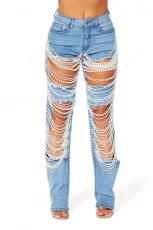 SC Chain Bead Hollow Out Straight Leg Jeans YUMT-YMT323