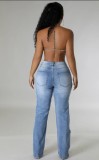 SC Chain Bead Hollow Out Straight Leg Jeans YUMT-YMT323