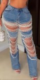 SC Chain Bead Hollow Out Straight Leg Jeans YUMT-YMT323