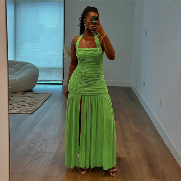 SC Pleated Halterneck Backless Maxi Dress DLSF-K25D79428
