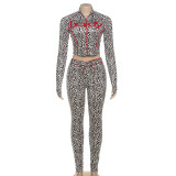 SC Leopard Print Zipper Patchwork 2 Piece Pants Set DLSF-K25S80683