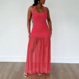 SC Pleated Halterneck Backless Maxi Dress DLSF-K25D79428